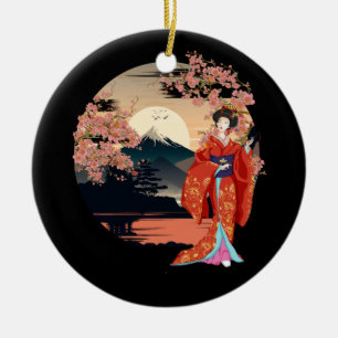 Berg Fuji Kirschblüten Geisha Japanischer Garten Keramik Ornament