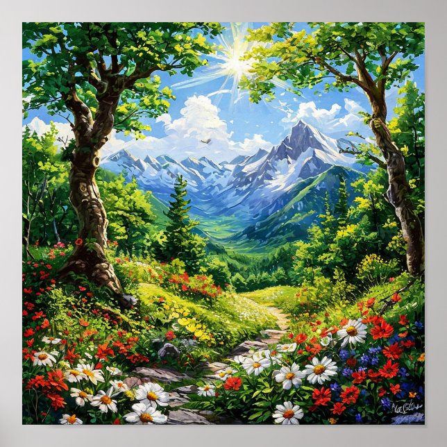 Berg im Wald mit Blume und Bäumen Poster (Vorne)