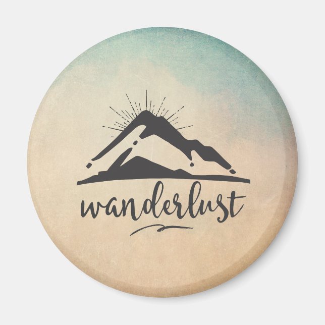 Berg mit Sonnenstrahlen und Wanderlust Typografie Magnet (Vorne)