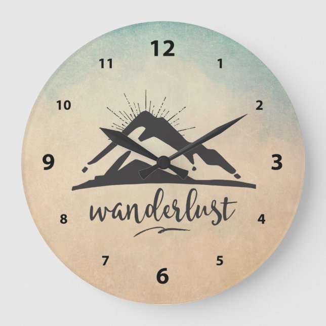 Berg mit Sonnenstrahlen - Wanderlust Typografie Große Wanduhr (Vorderseite)