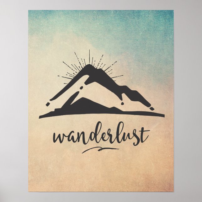 Berg mit Sonnenstrahlen - Wanderlust Typografie Poster (Vorne)