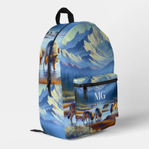 Berg mit Wölfen AI Blau Bedruckter Rucksack