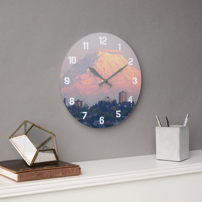 Berg Rainier Alpenglow Landschaft Große Wanduhr (Büro)