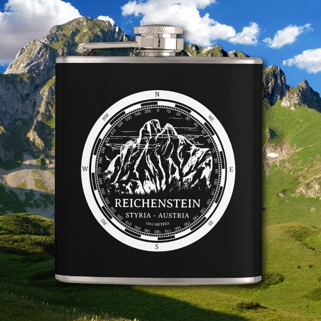 Berg Reichenstein - Steiermark - Österreicher Alpe Flachmann (Mount Reichenstein - Styria Austria Alps Flask in Back with a white compass mountain illustration)