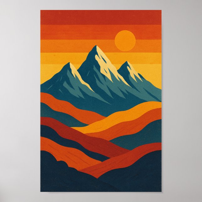 Berg Retrolandschaft Abbildung rot blau Poster (Vorne)