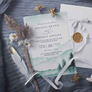 Berg-Rustikale-Grün-Elagante-QR-Code-Hochzeit Einladung