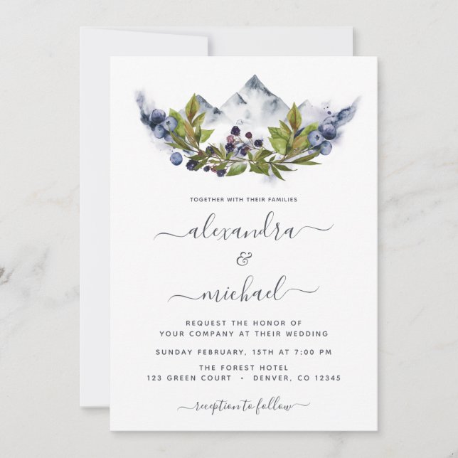 Berg Rustikales Foto Wasserfarbenwelt Hochzeit Einladung (Vorderseite)