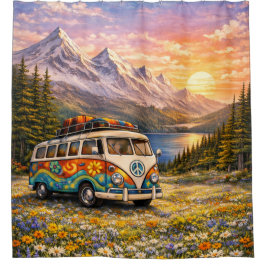 Berg-Sonnenuntergang-Wildblumen Retro-Hippie-Van-L Duschvorhang