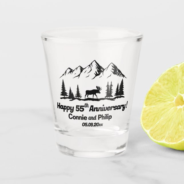 Berg und Elch 55. Hochzeitstag Schnapsglas (Vorderseite)