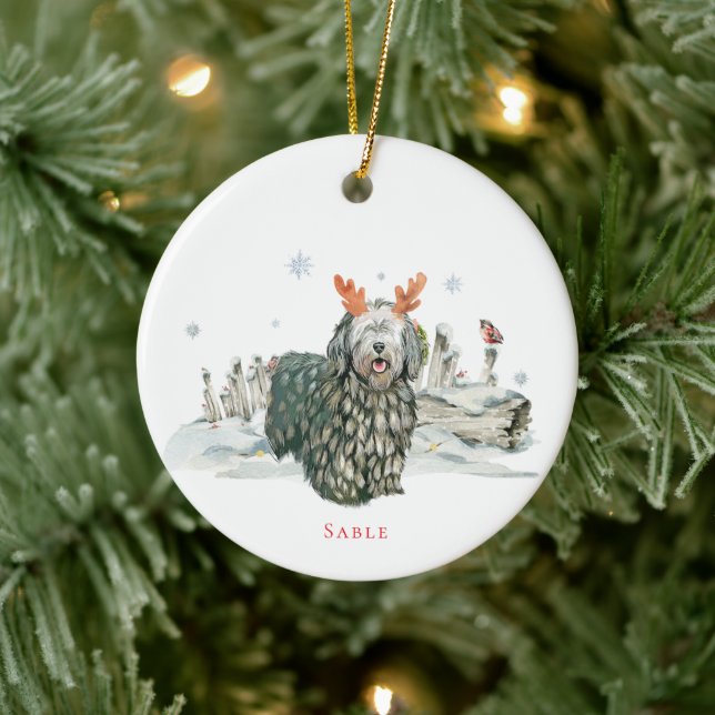Bergamasco Sheepdog Watercolor Dog | Monogramm Keramik Ornament (Baum)