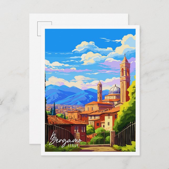 Bergamo Italien Art Vintage Reise Illustration Postkarte (Vorne/Hinten)