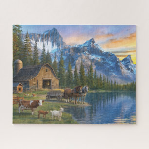 Bergbauernhof bei Sonnenuntergang Friedliche ländl Puzzle