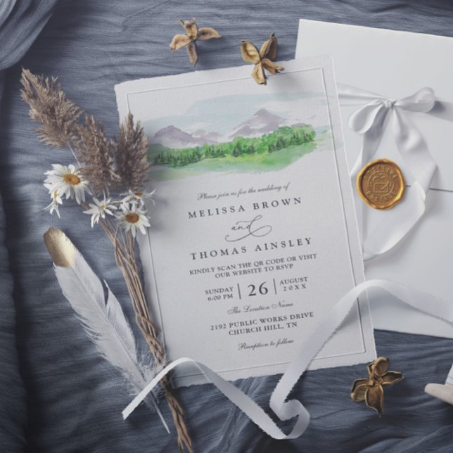 Bergbäume Kiefernwald Rustikal QR-Code Hochzeit Einladung (Von Creator hochgeladen)