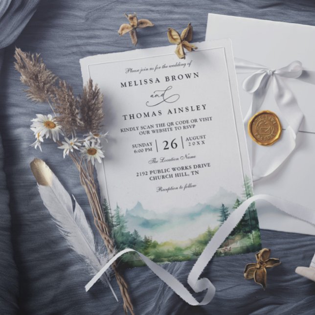 Bergbäume Wald Rustikaler QR-Code Hochzeit Einladung (Von Creator hochgeladen)