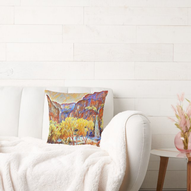 Bergbauten Wasserfall Abstrakte Ölmalerei Kissen (Liege)