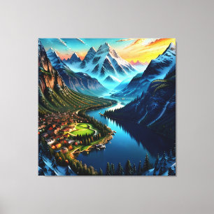 Bergdorf am Fluss Landschaft Leinwanddruck
