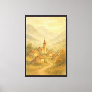Bergdorf bei Morgendämmerung Aquarell Leinwanddruck