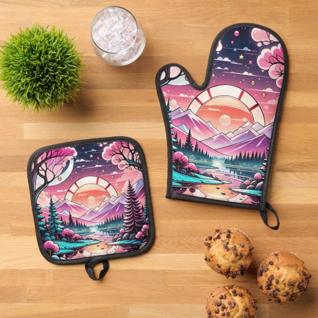 Berge, Fluss, Art Deco, Zuhause Ofenhandschuh & Topflappen-Set (Oben Unten)