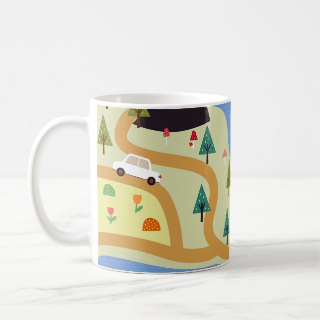 Berge, Flüsse, Wald, Autokomuster. Kaffeetasse (Links)