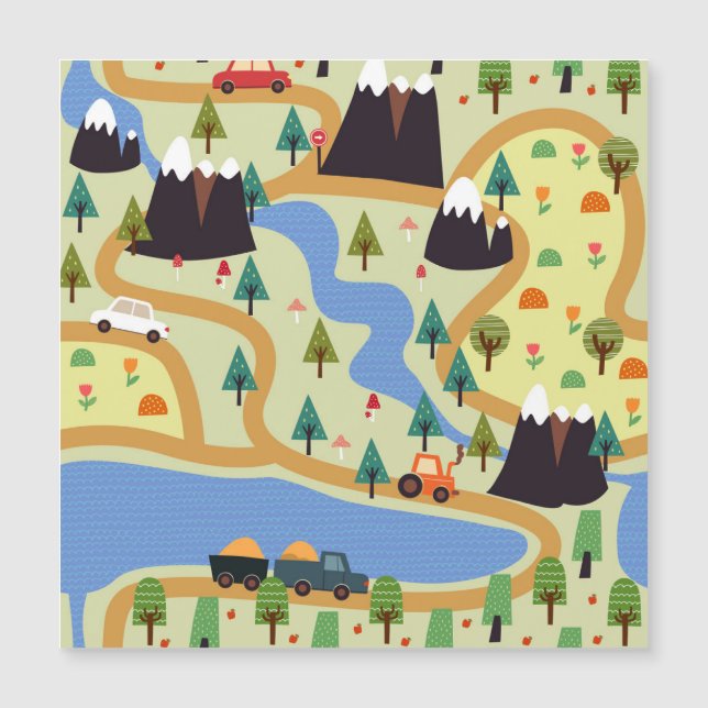 Berge, Flüsse, Wald, Autokomuster. Magnetkarte (Vorderseite)