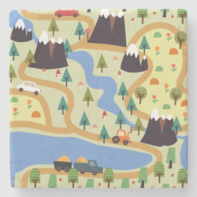Berge, Flüsse, Wald, Autokomuster. Steinuntersetzer (Vorderseite)
