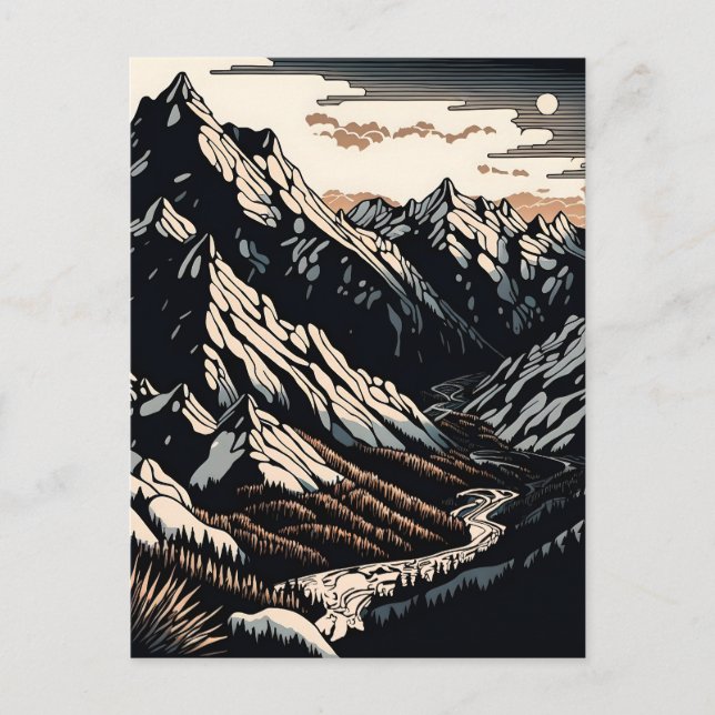 Berge Landschaft Vintage Reise Linocut Kunst Postkarte (Vorderseite)
