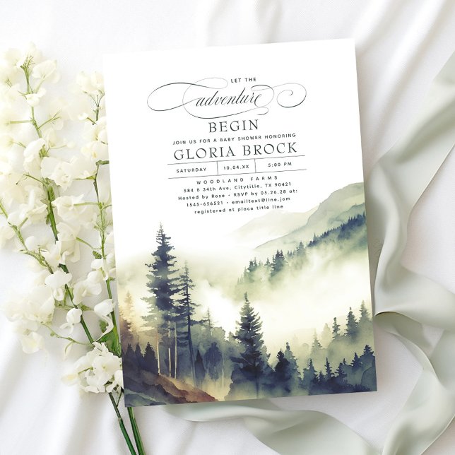 Berge Ließ die Erlebnisdusche Begin Einladung (Fog Forest and Mountains Let The Adventure Begin Gender Neutral Baby Shower Invitations)