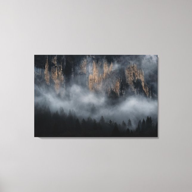 Berge mit Nebel durch Fichtenwald Leinwanddruck (Vorderseite)