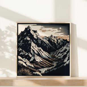Berge Natur Landschaft Vintage Reise Linocut Poster