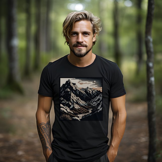 Berge Natur Landschaft Vintage Reise Linocut T-Shirt (A dark and bold mountain range on a black shirt, perfect for outdoorsmen.)