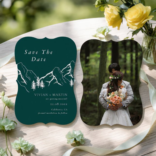 Berge Pine Tree Emerald Foto Save the Date Einladung (Von Creator hochgeladen)