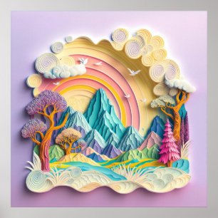 Berge Regenbogen Faux Ausschnitt Papier Poster