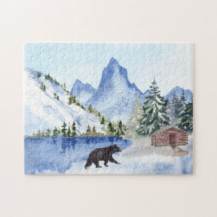Berge, See, Bäume, Hütte, Bärenwinterlandschaft Puzzle