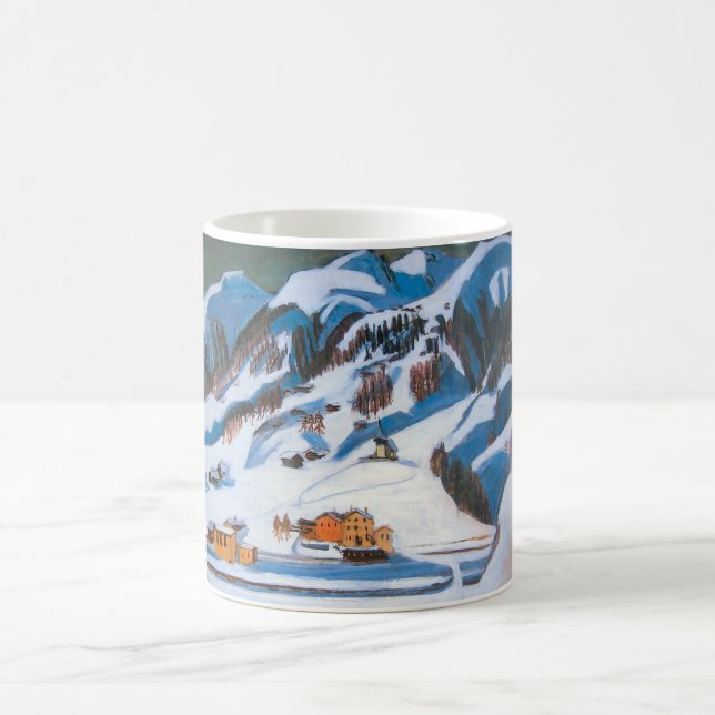 Berge und Häuser im Schnee, Winterlandschaft Kaffeetasse (Mittel)