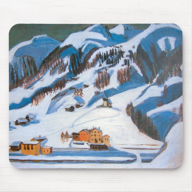 Berge und Häuser im Schnee, Winterlandschaft Mousepad (Vorne)