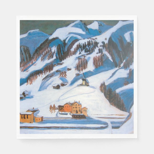 Berge und Häuser im Schnee, Winterlandschaft Serviette (Vorderseite)