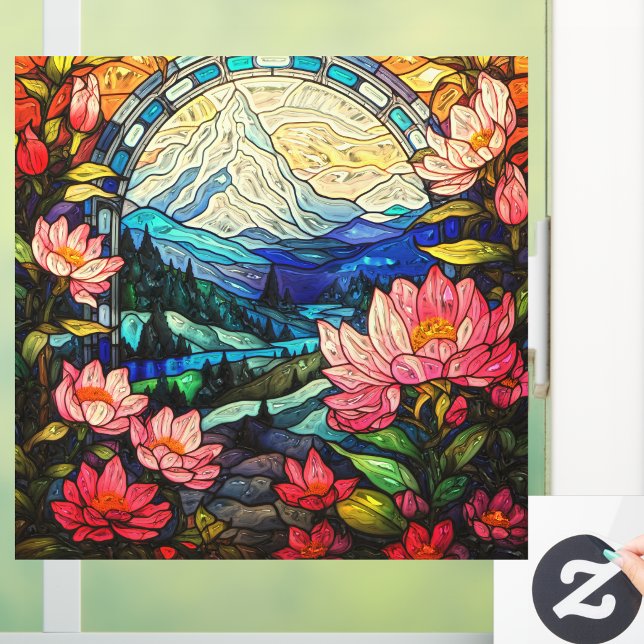 Berge und rosa Rhododendren Falsches Buntglas Fensteraufkleber (Von Creator hochgeladen)