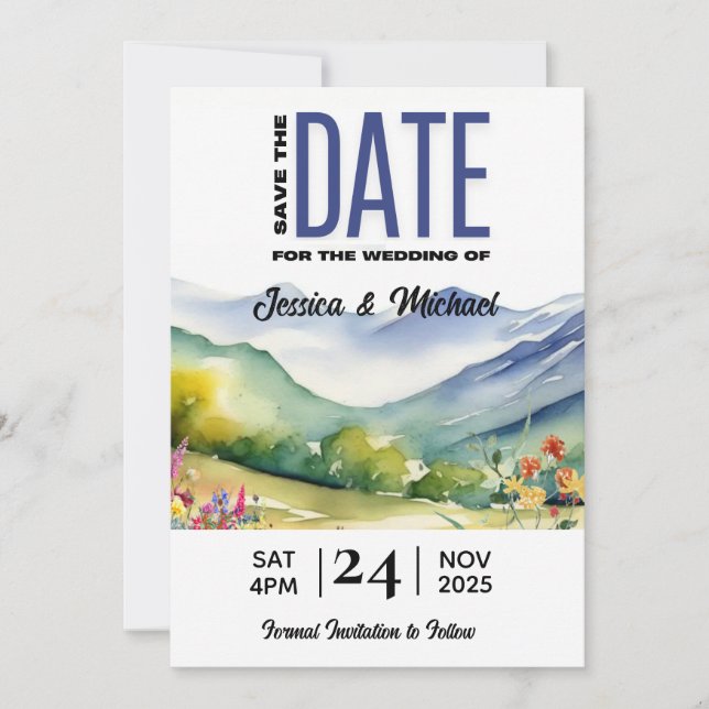 Berge und Wildblume Rustikal Save The Date (Vorderseite)