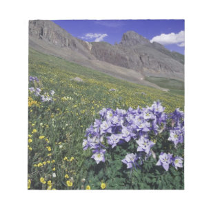 Berge und Wildblumen auf Almwiese, Blau Notizblock