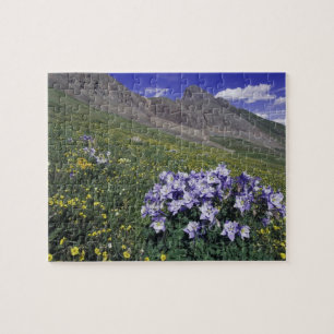 Berge und Wildblumen auf Almwiese, Blau Puzzle