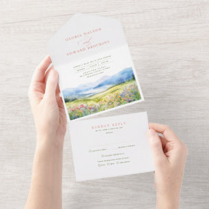 Berge und Wildblumen Landschaft Hochzeit All In One Einladung