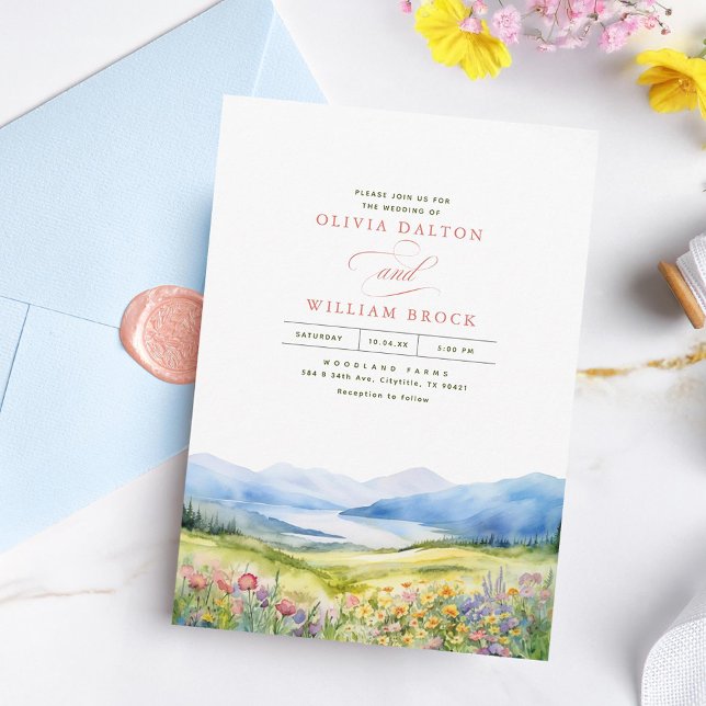 Berge und Wildblumen Landschaft Hochzeit Einladung (Wildflowers Mountains Wedding Invitations)