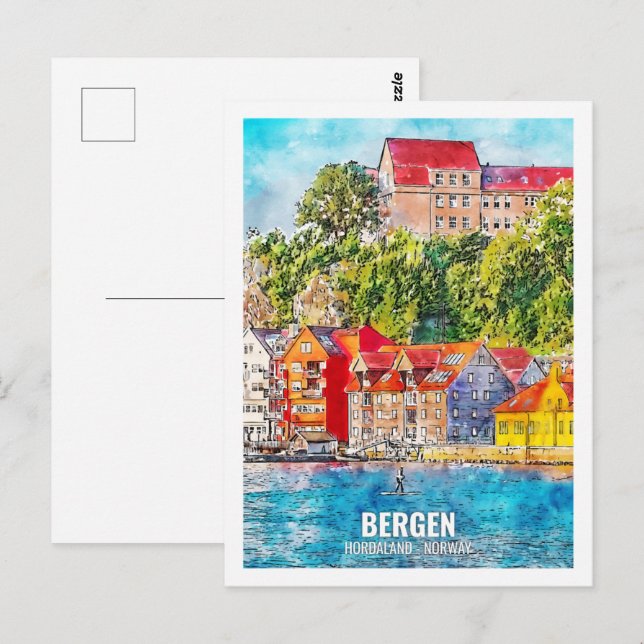 Bergen Hordaland Norwegen Travel Place Watercolor Postkarte (Vorne/Hinten)
