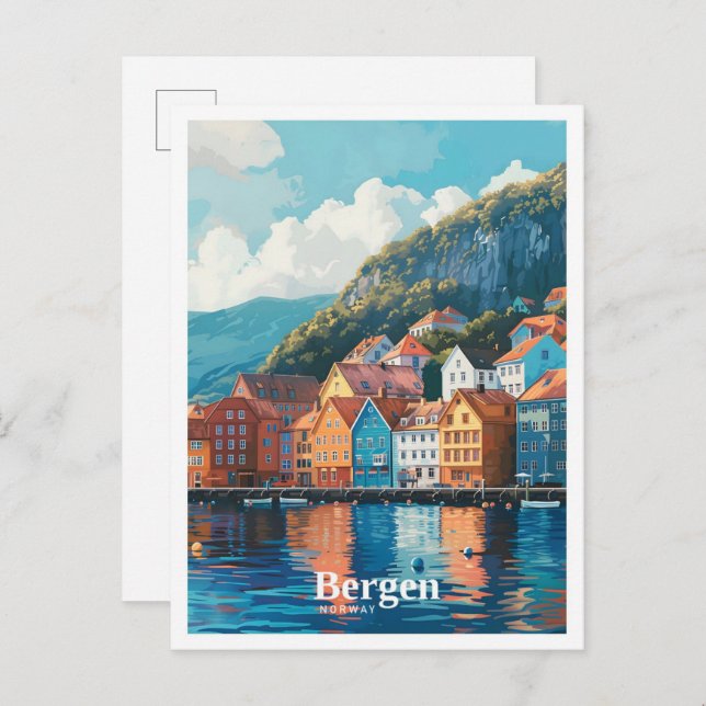 Bergen Norwegen Art Vintage Travel Postkarte (Vorne/Hinten)