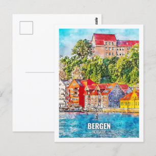 Bergen Norwegen Berühmte Reise Wasserfarben Skizze Postkarte