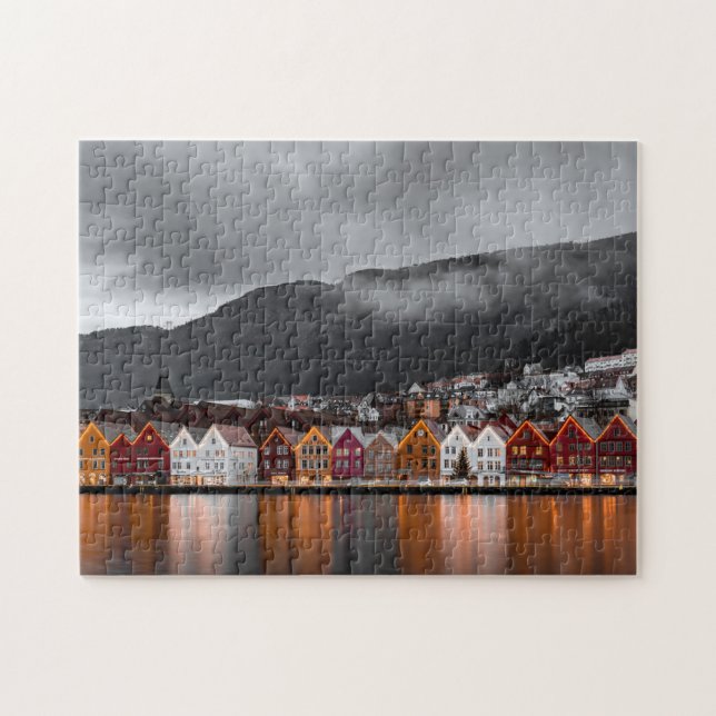 Bergen Norwegen farbenfrohe Häuser Nordlichter Puzzle (Horizontal)