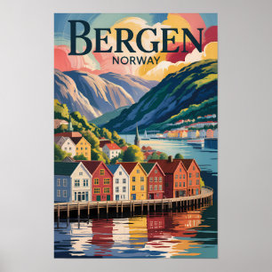 Bergen Norwegen Illustration Reise Kunst Vintage Poster