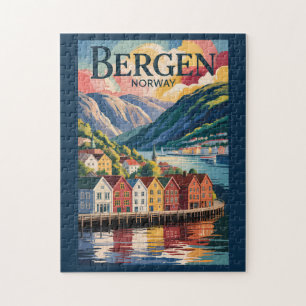 Bergen Norwegen Illustration Reise Kunst Vintage Puzzle