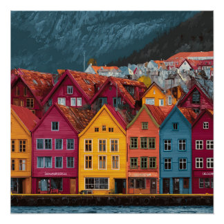 Bergen Norwegen Kleines Küsten Siedlung Vintage  Poster
