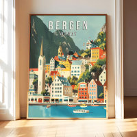 Bergen Norwegen Poster Art Druck, Stadt Retro Vint
